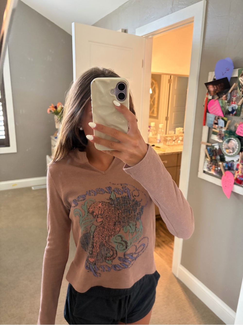 Urban Outfitters Mauve Ribbed Long Sleeve Tee with Multicolor Graphic